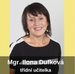 Mgr. Ilona Dufková Vzdělání:<br>Pedagogická fakulta Univerzity Karlovy v Praze učitelství 1. stupeň obor TV<br> Spoluautorka učebnice Etická výchova pro 1. a 2. ročník ZŠ <br>Semifinalistka Global Teacher Prize 2017<br>Motto:<br> „Tady a teď.“